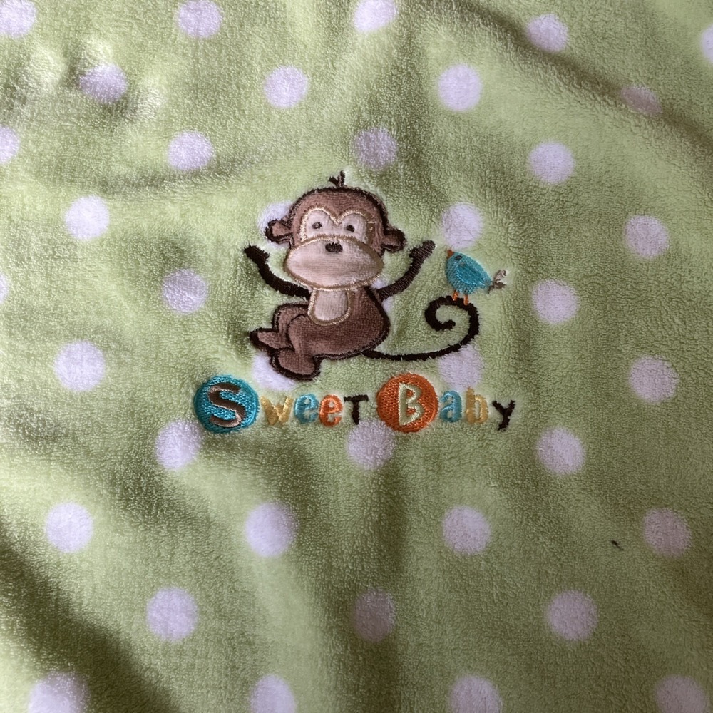Garanimals Green White Polka Dot Sweet BABY Monkey Fleece Baby Blanket
